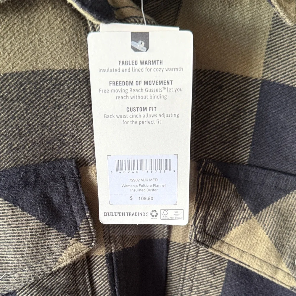 Duluth Trading Co Olive Green and Black Buffalo Plaid Long Jacket - Picture 4 of 9